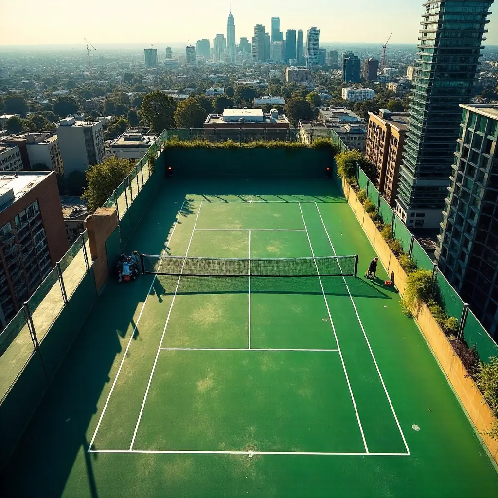Aerial Rooftop Tennis Court Over Melbourne Skyline