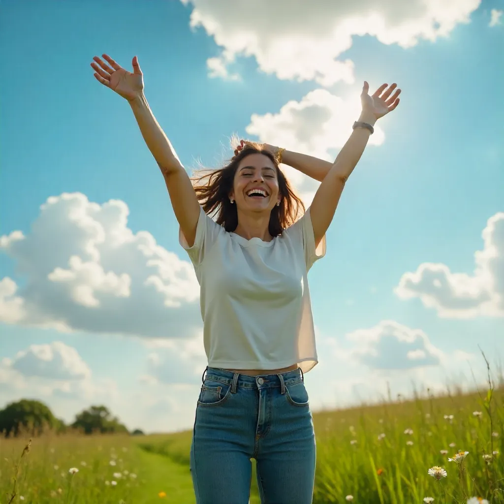Joyful Woman Stretching Under a Bright Blue Sky