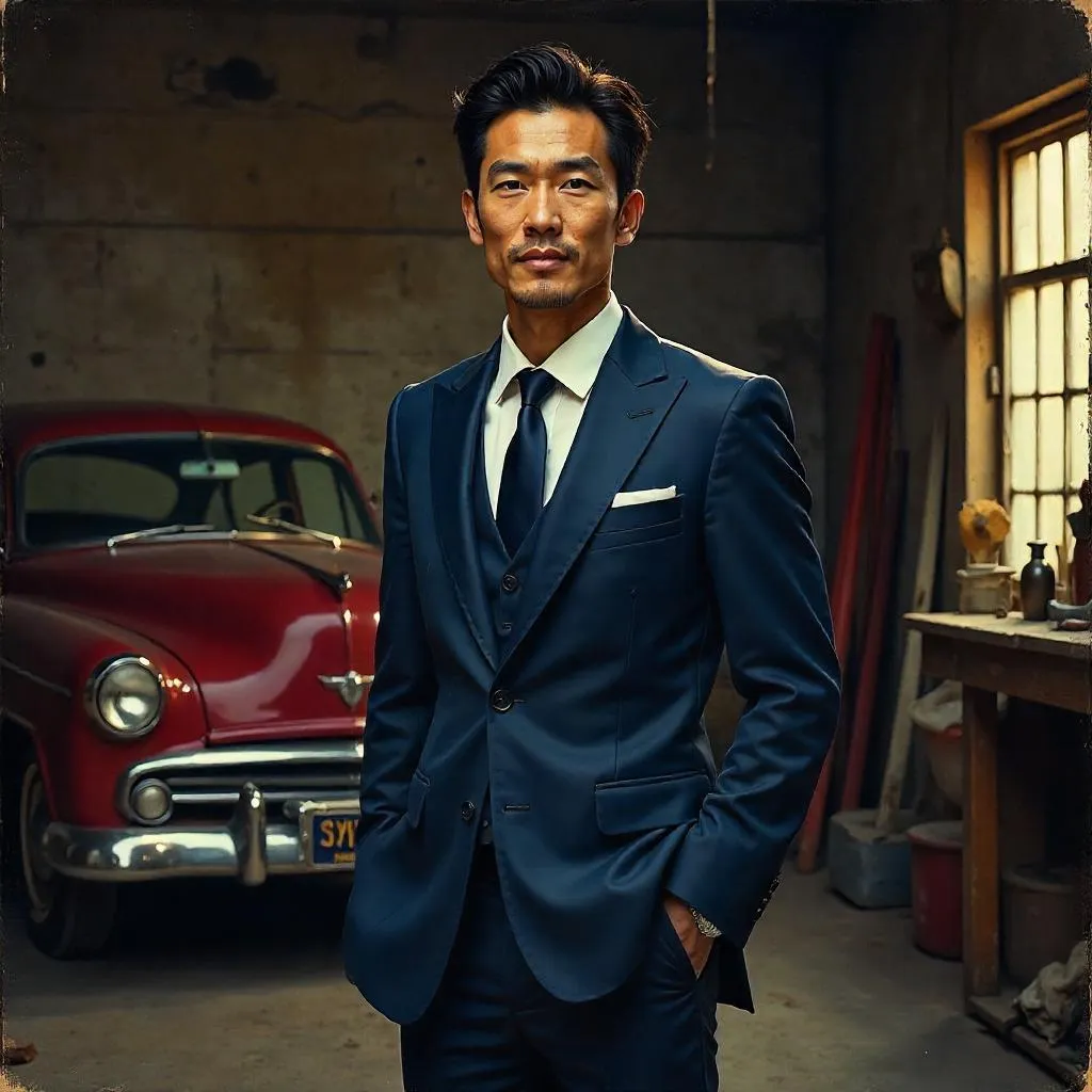 Elegant Asian Man in a Garage — Oil Portrait