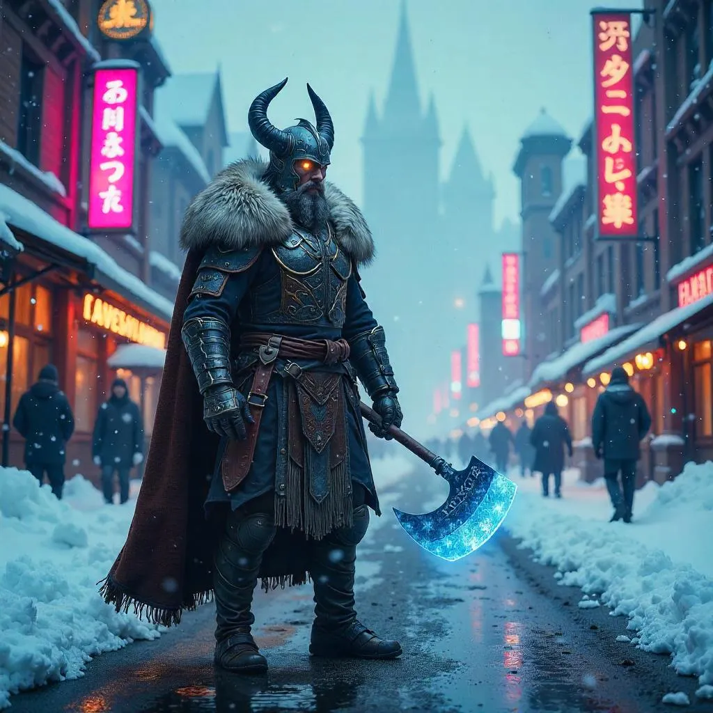 Snowbound Viking in Neon Cyberpunk Frost
