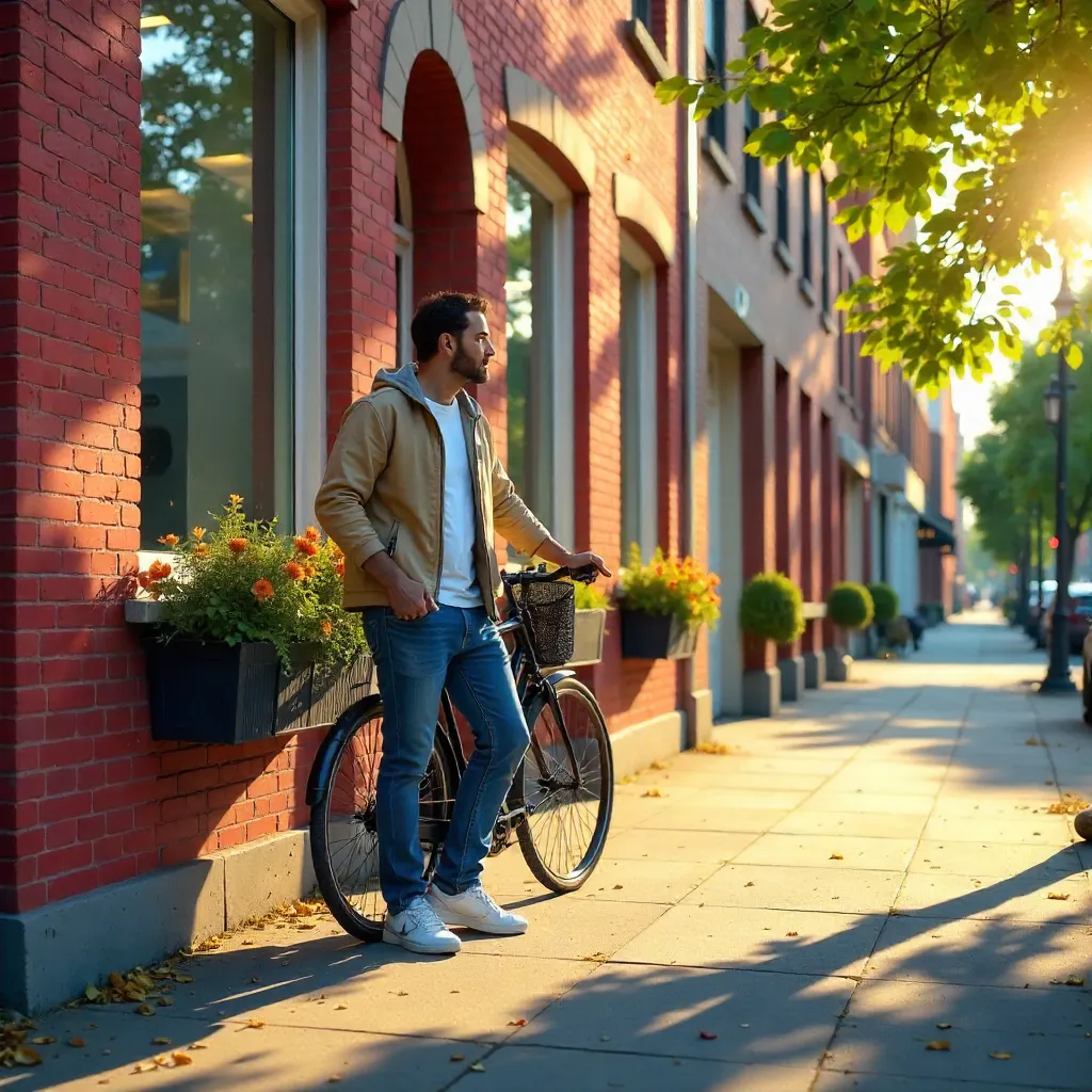 Man with Bike by Brick Building on a Sunny Day