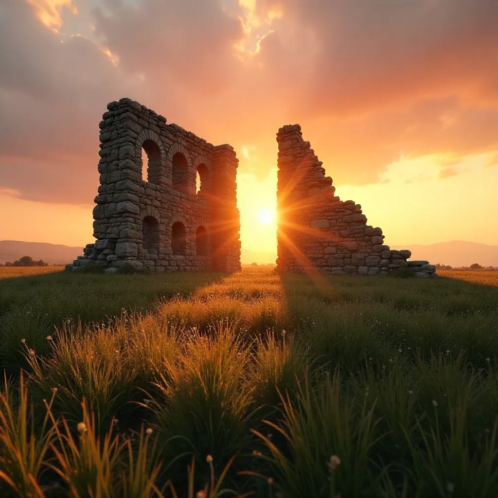 Sunset Rays Through Ancient Ruins in Grass
