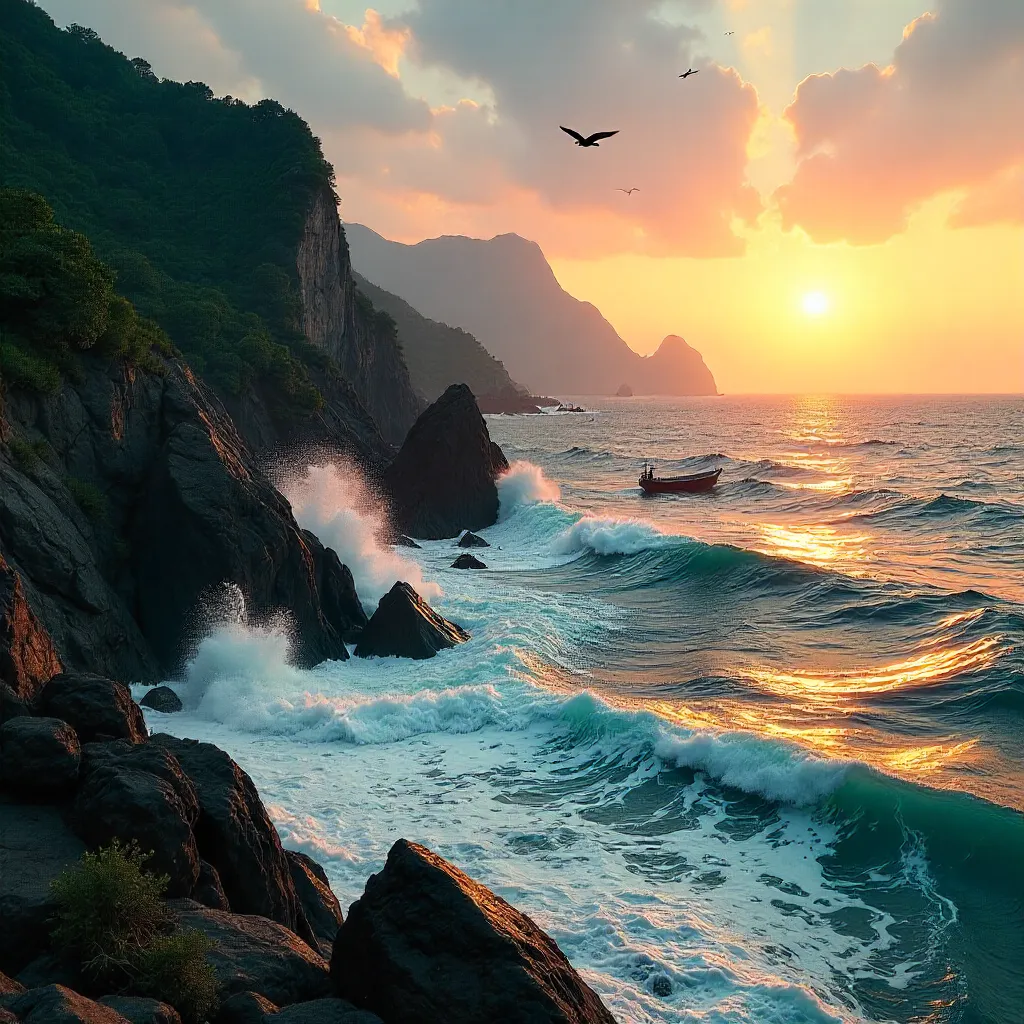 Dramatic Chinese Rocky Coastline at Sunset