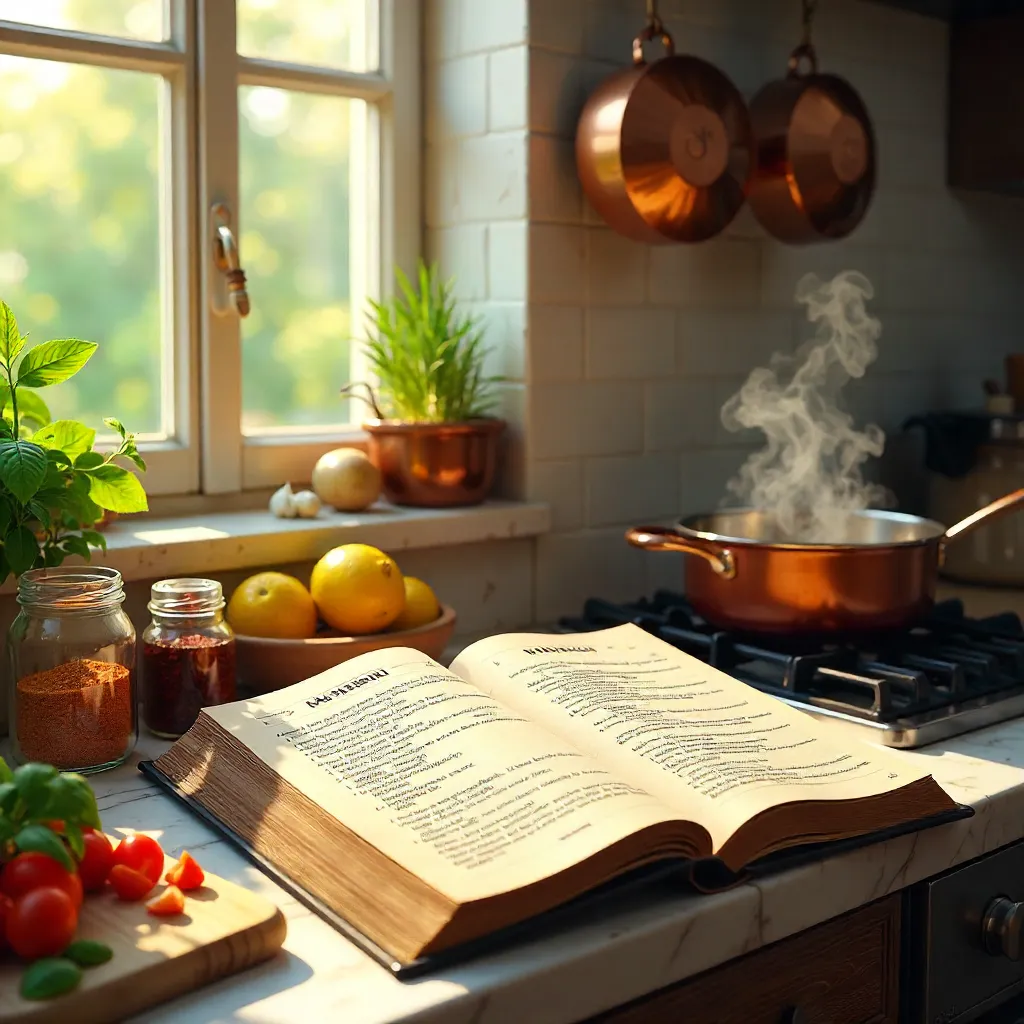 Open Cookbook in a Cozy Kitchen with Pots