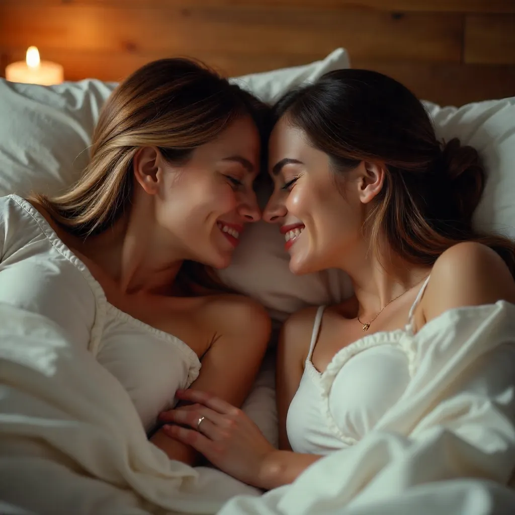 Close-Up Tender Moment Between Two Women in Bed