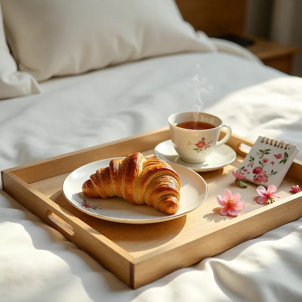 Elegant Bed Tray Breakfast with Croissants and Artful Decor