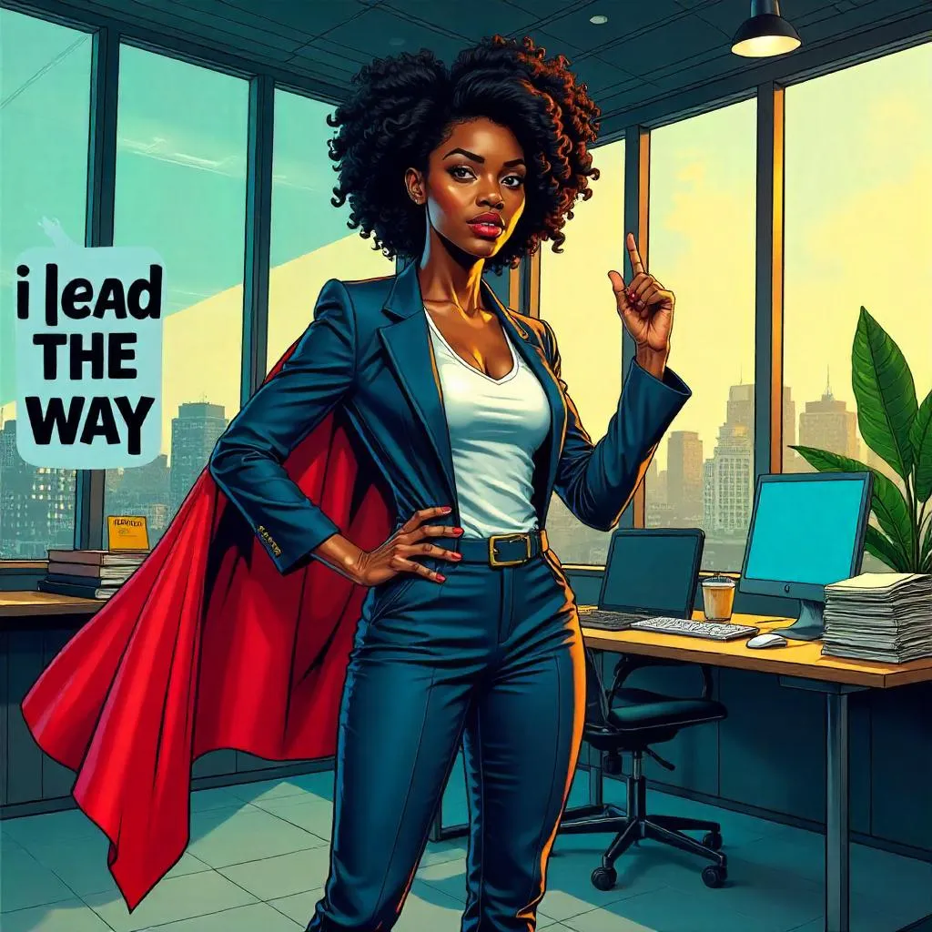 Confident Black Woman in a Comic-Book Workspace