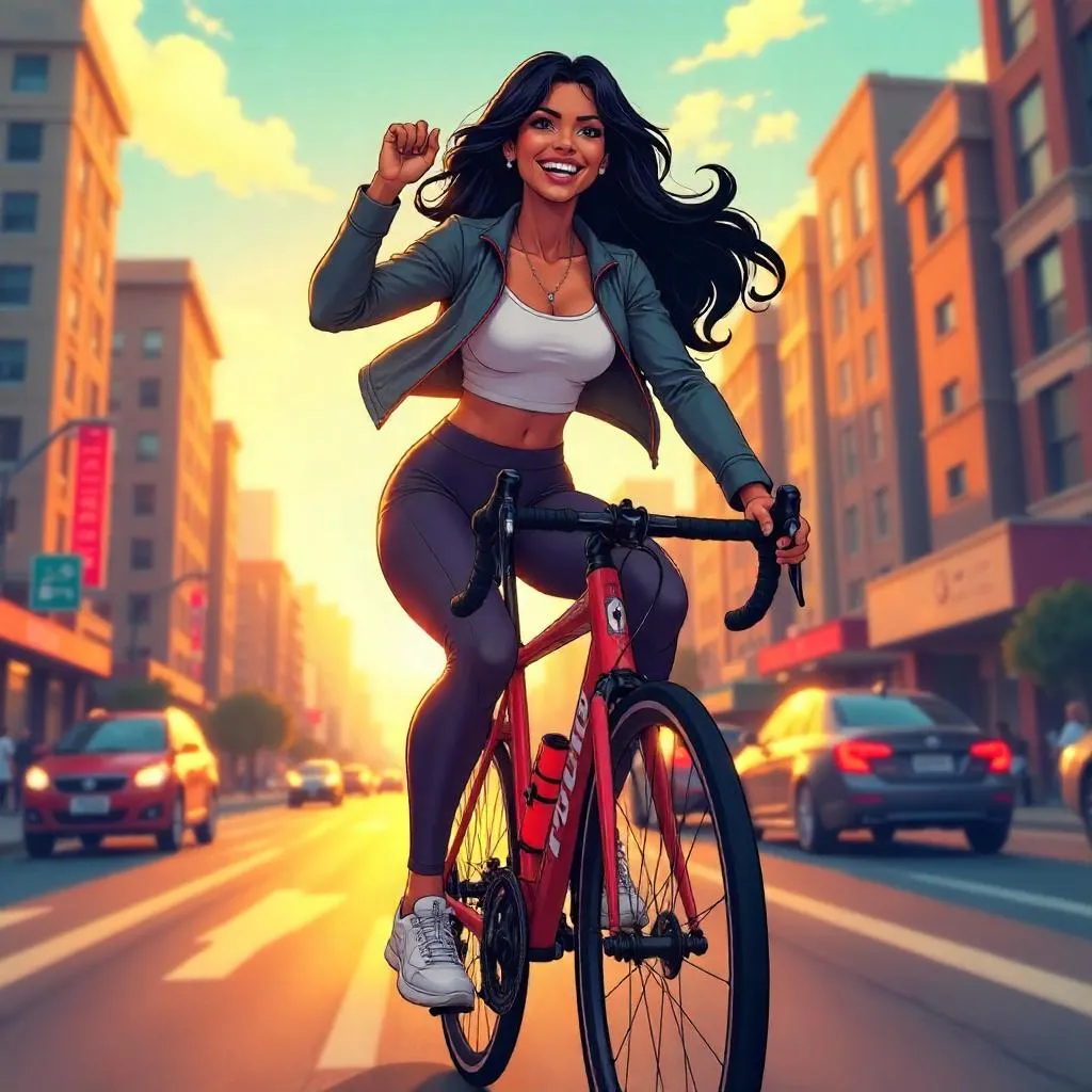 Confident Latina on a Bicycle in Anime Style
