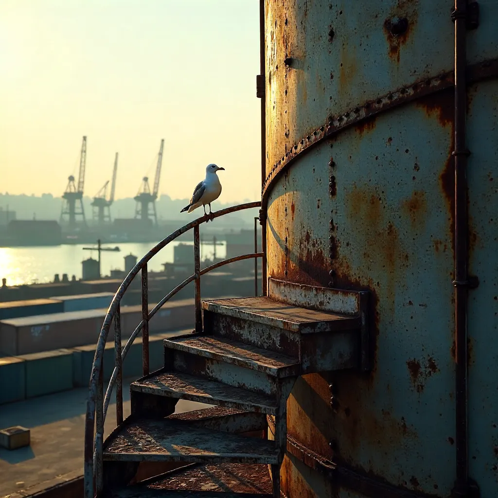Seagull on Tank Stair Casting Industrial Shadows