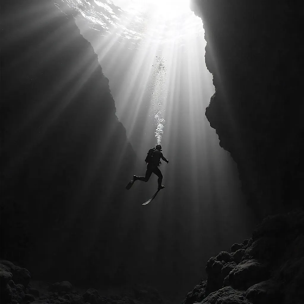 Descending Into the Abyss: A Black-and-White Diver