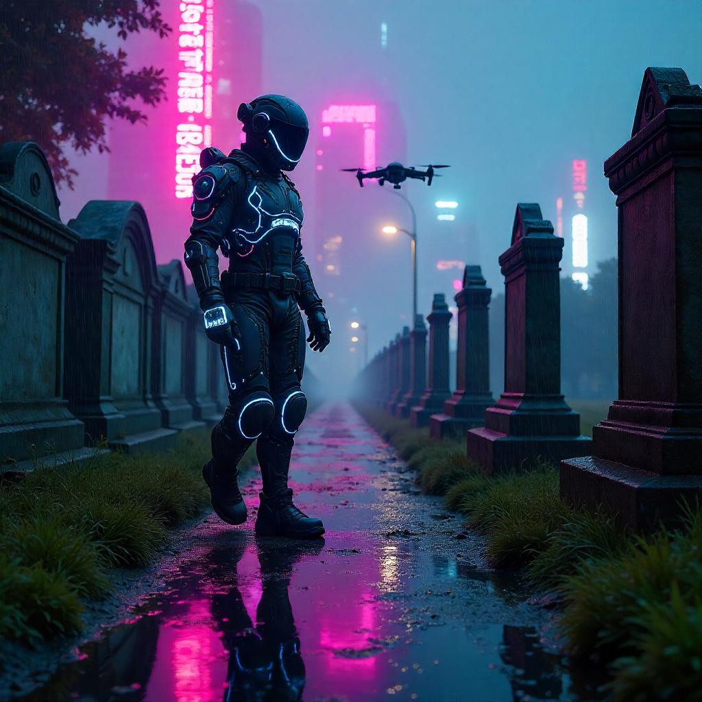 Neon Explorer in a Cyberpunk Graveyard
