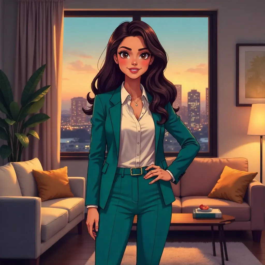 Confident Latina in an Anime Living Room