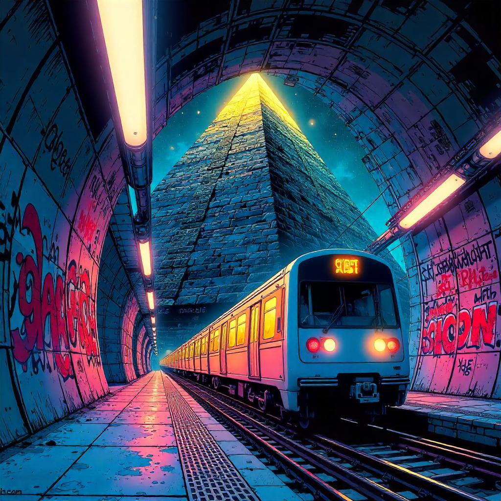 Pyramid Emerges in Neon Subway Tunnel