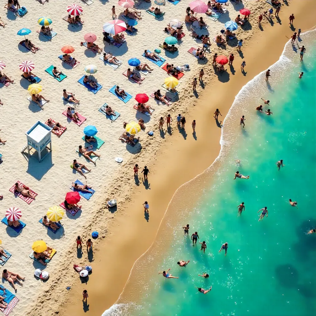Aerial Crowded Beach: Sunbathers and Swimmers