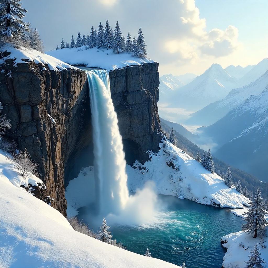 Photorealistic Alpine Waterfall on Snowy Summit
