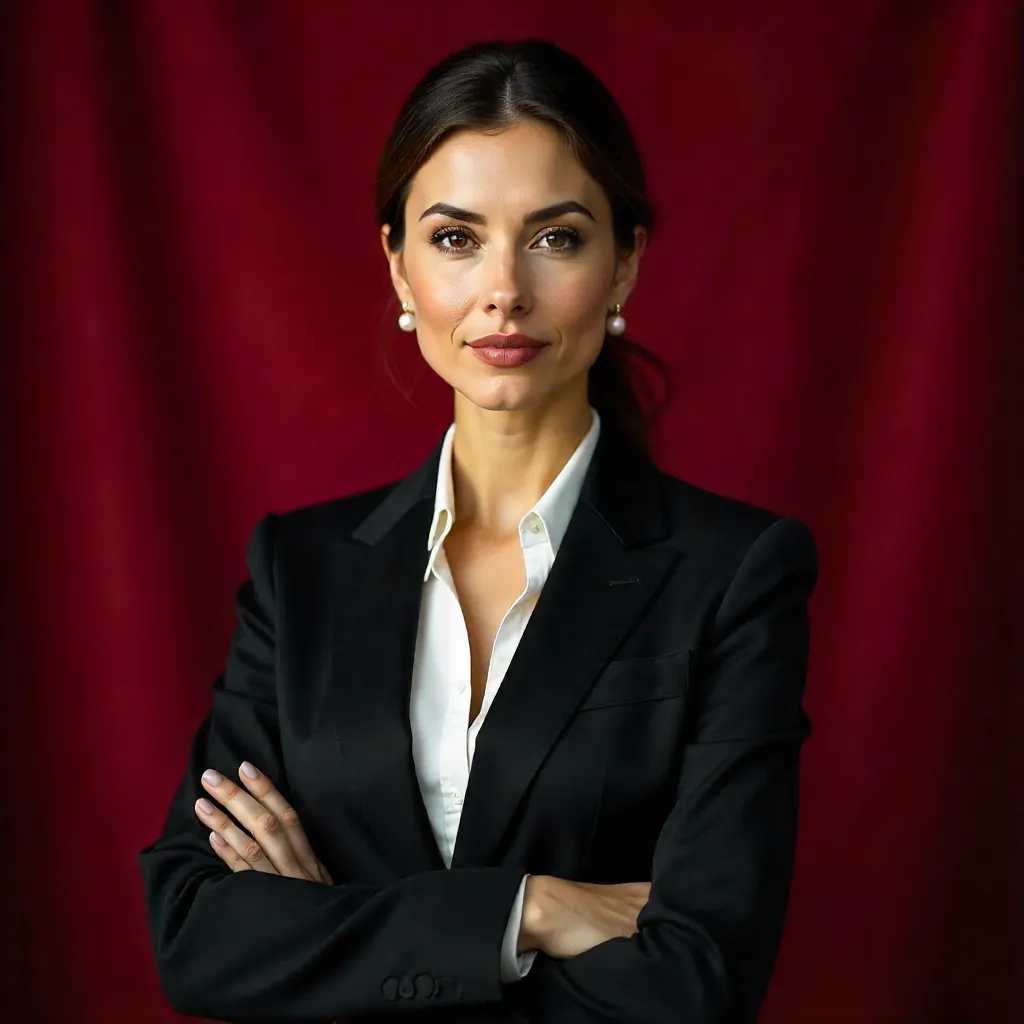 Elegant Portrait of a Woman in a Black Suit on a Red Backdrop