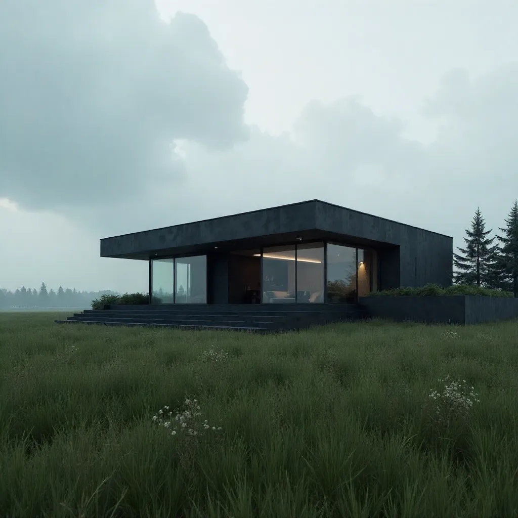 Contemporary Dark House in a Grassy Field