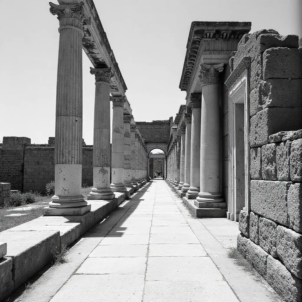 Monochrome Roman Ruins: Detailed Columns Under a Clear Sky
