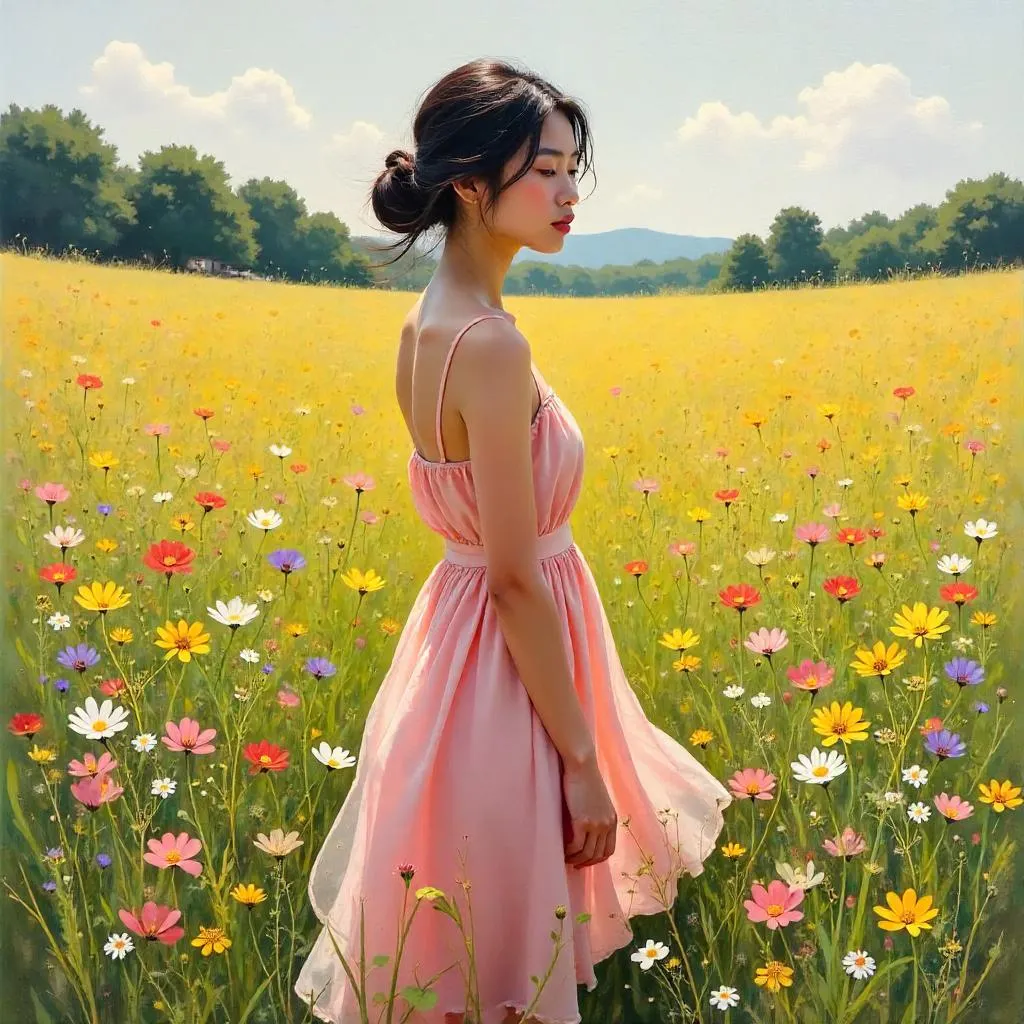 Oil Portrait of a Young Asian Woman in a Flower Field