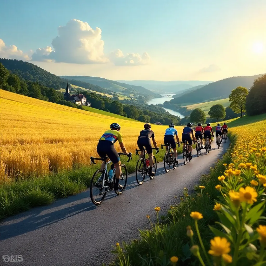 Cyclists threading golden fields near Andernach