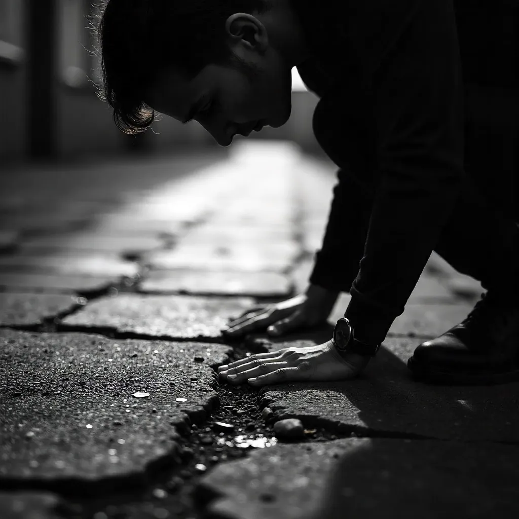 Moody Mono Portrait Inspecting the Ground Surface