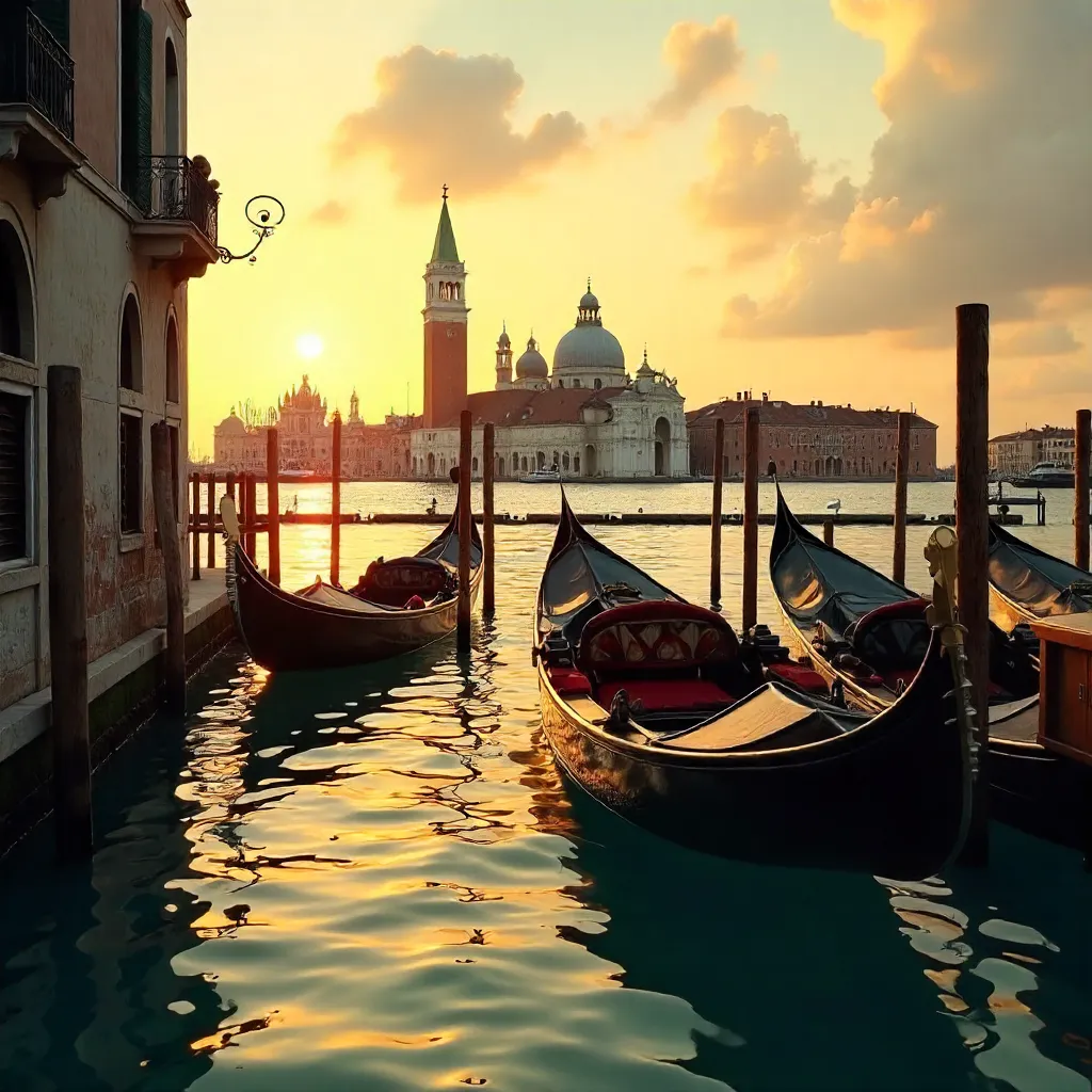 Elegant Gondolas in a Venice Canal at Sunset