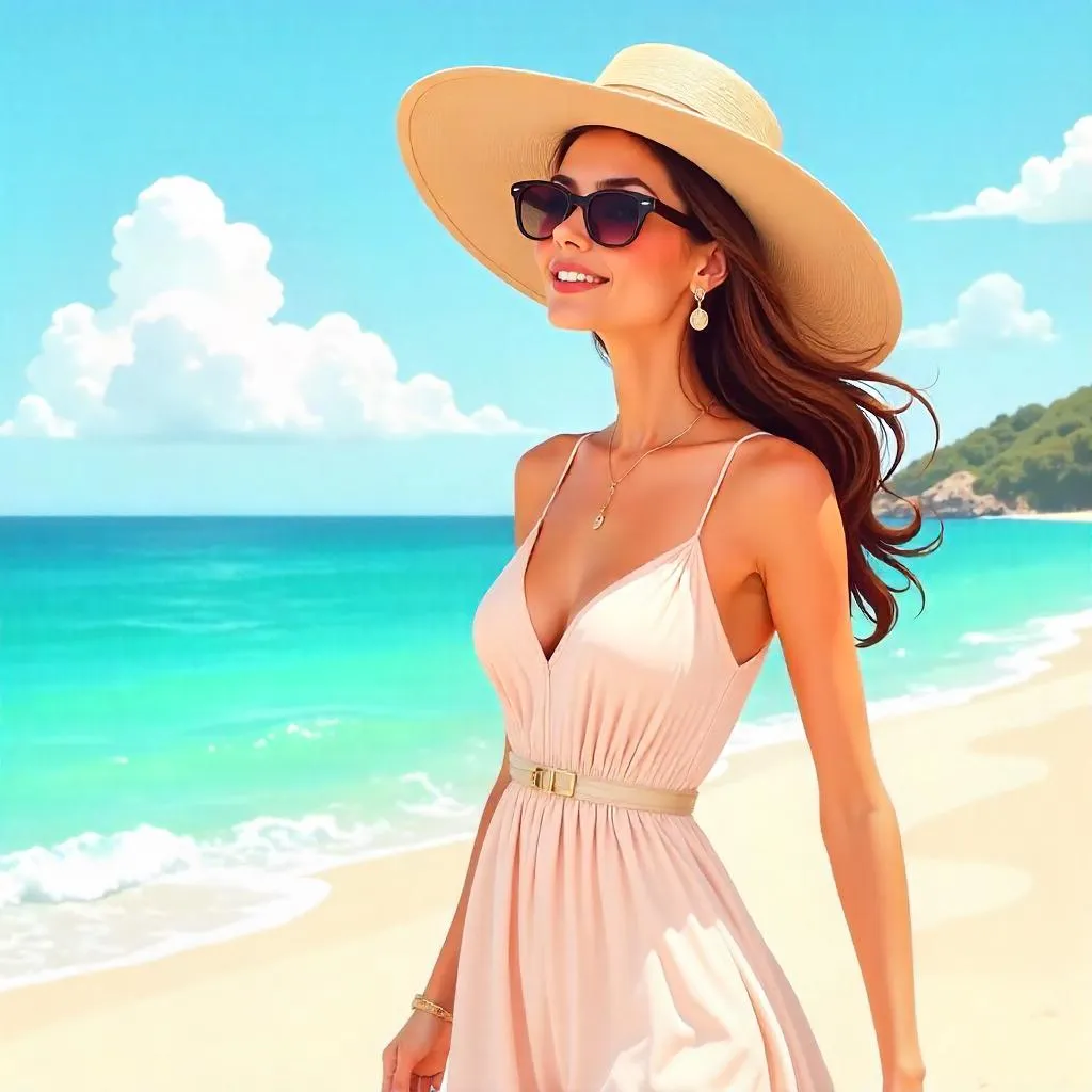 Elegant Cartoon Beach Scene: Adult Woman on the Sand