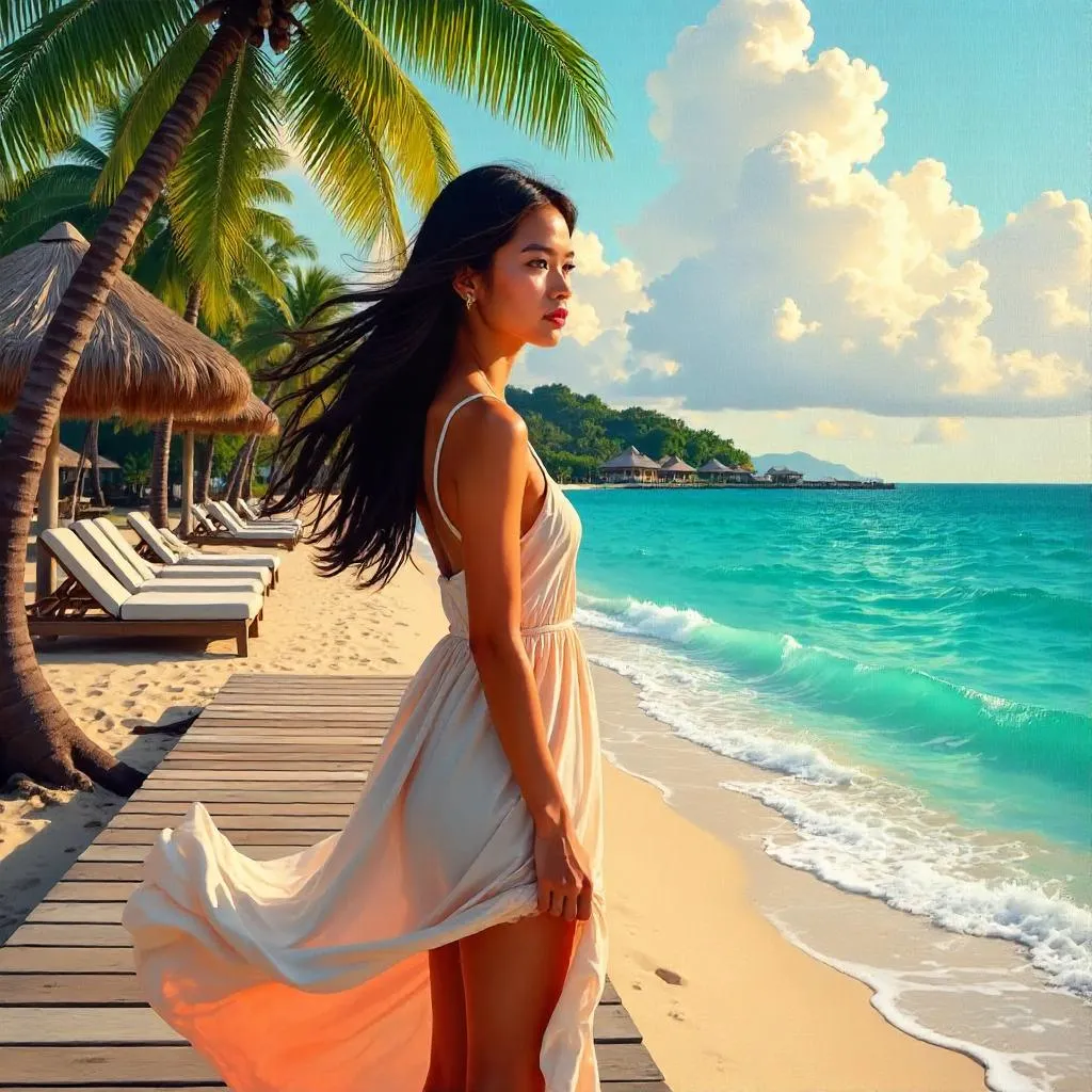 Oil Painting of a Young Asian Woman at a Beach Resort
