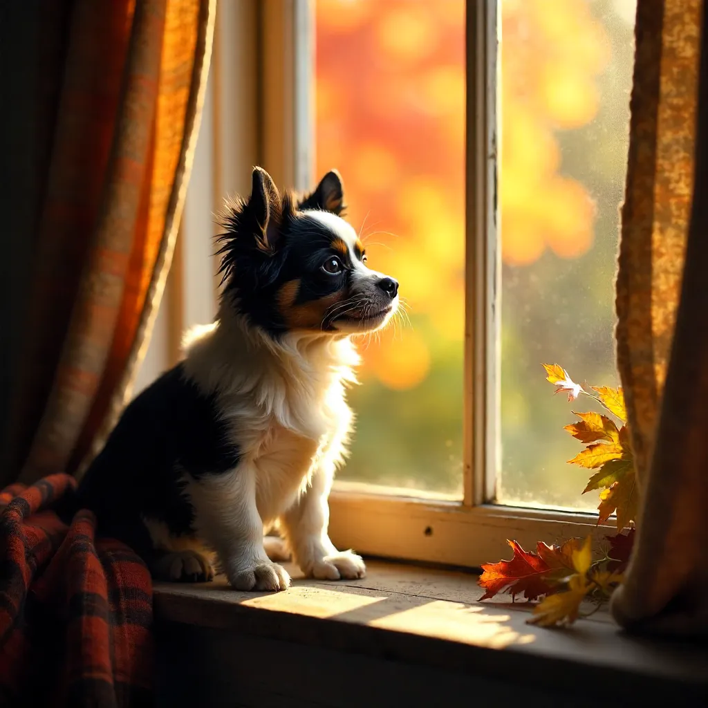 Autumn Windowsill Dog in Golden Light