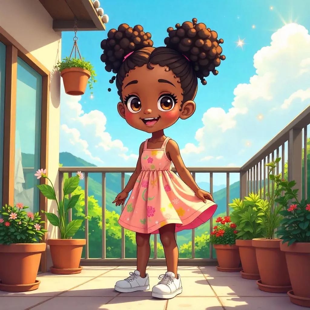 Cheerful Black Girl on a Terrace - Anime Scene