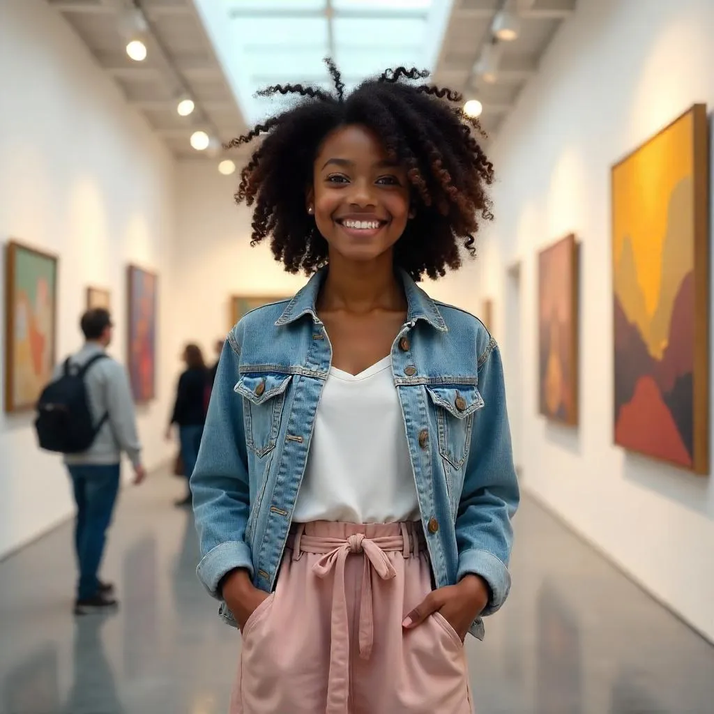 Cheerful Black Girl in a Luminous Art Gallery