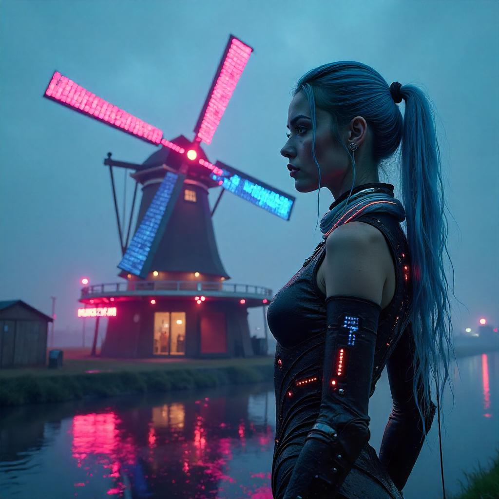 Neon Windmill Maiden: A Cyberpunk Portrait