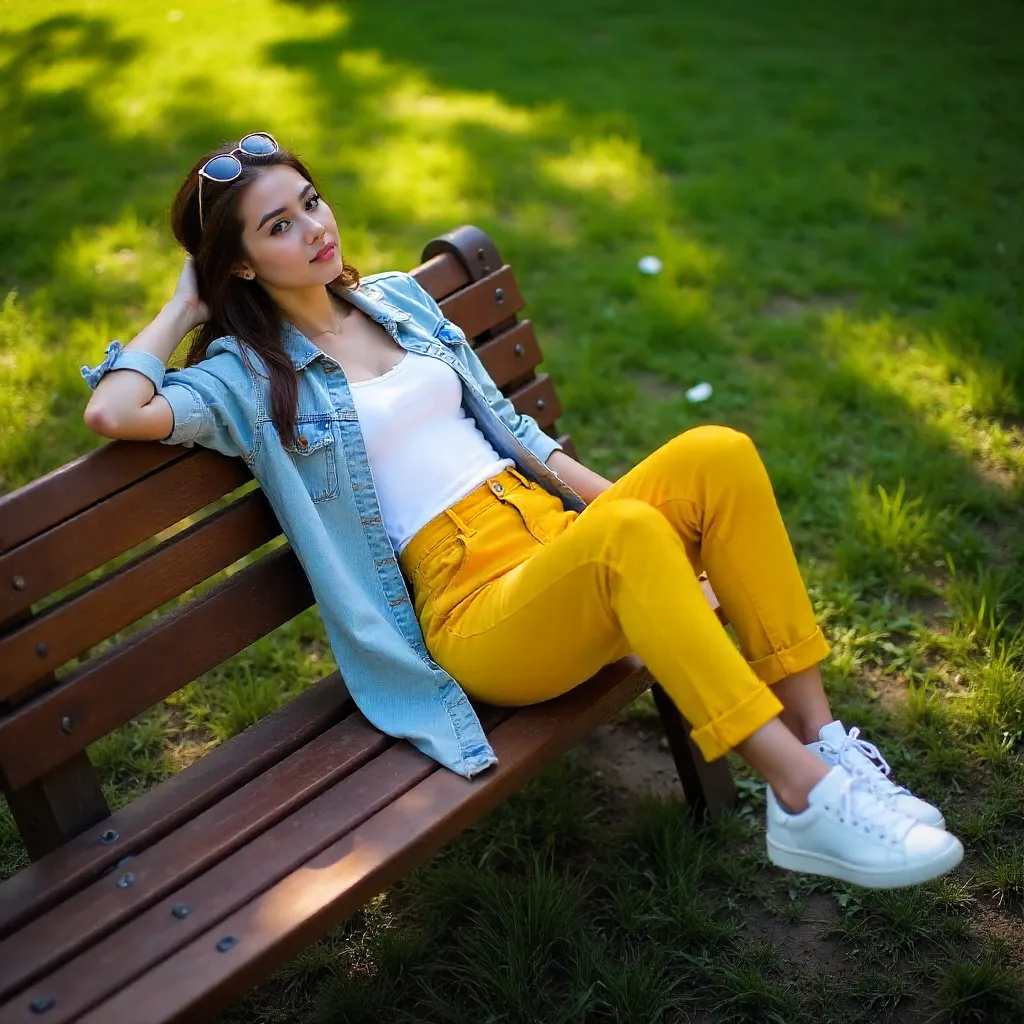 Bird's-eye View of a Woman in Yellow Pants on a Bench
