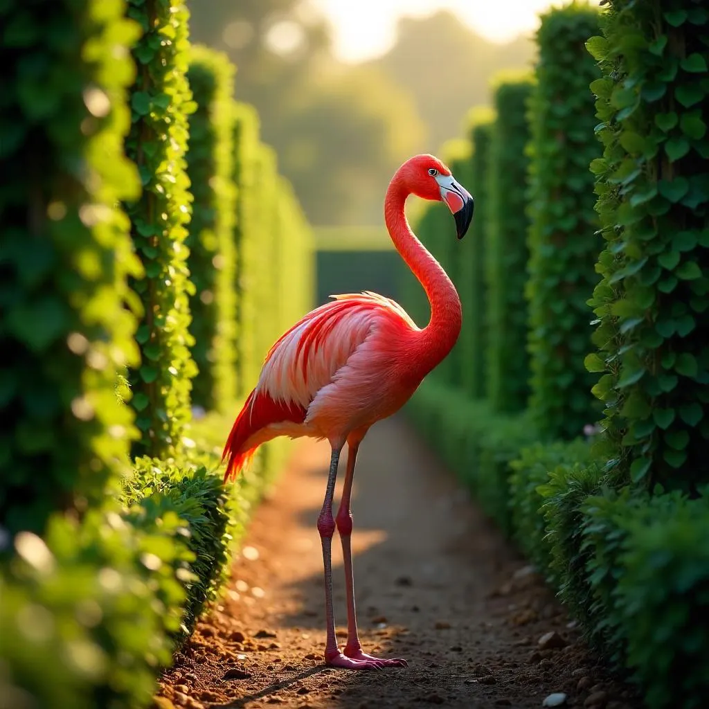 Photoreal Flamingo in Hedge Maze at Golden Hour