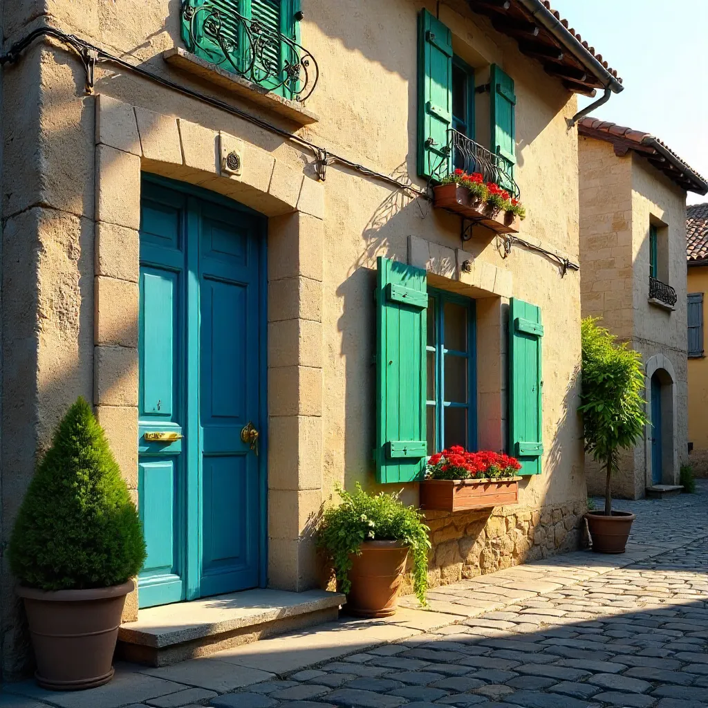 Blue Door and Green Shutters in Château-Gontier