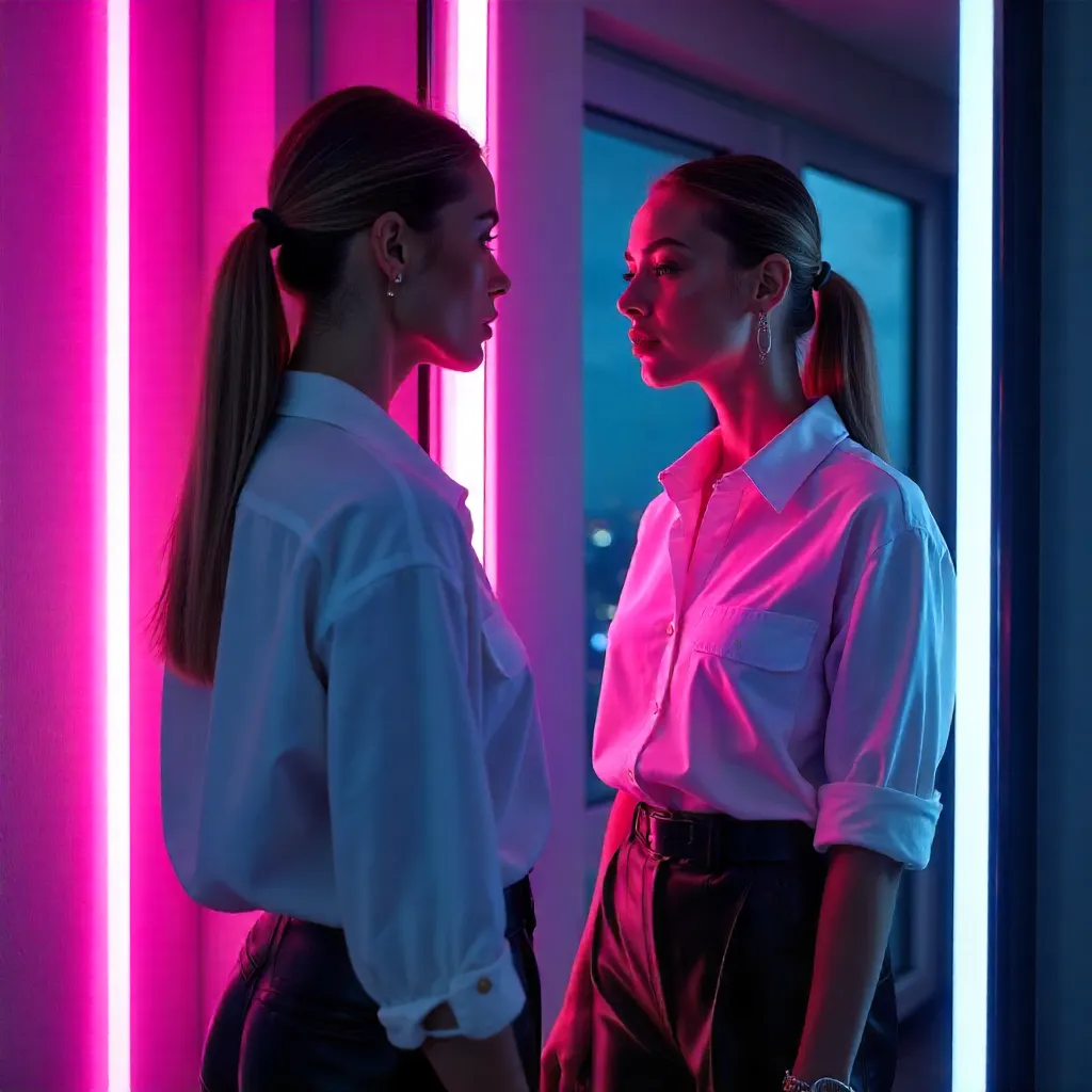 Neon Reflections: Urban Chic in White Shirt