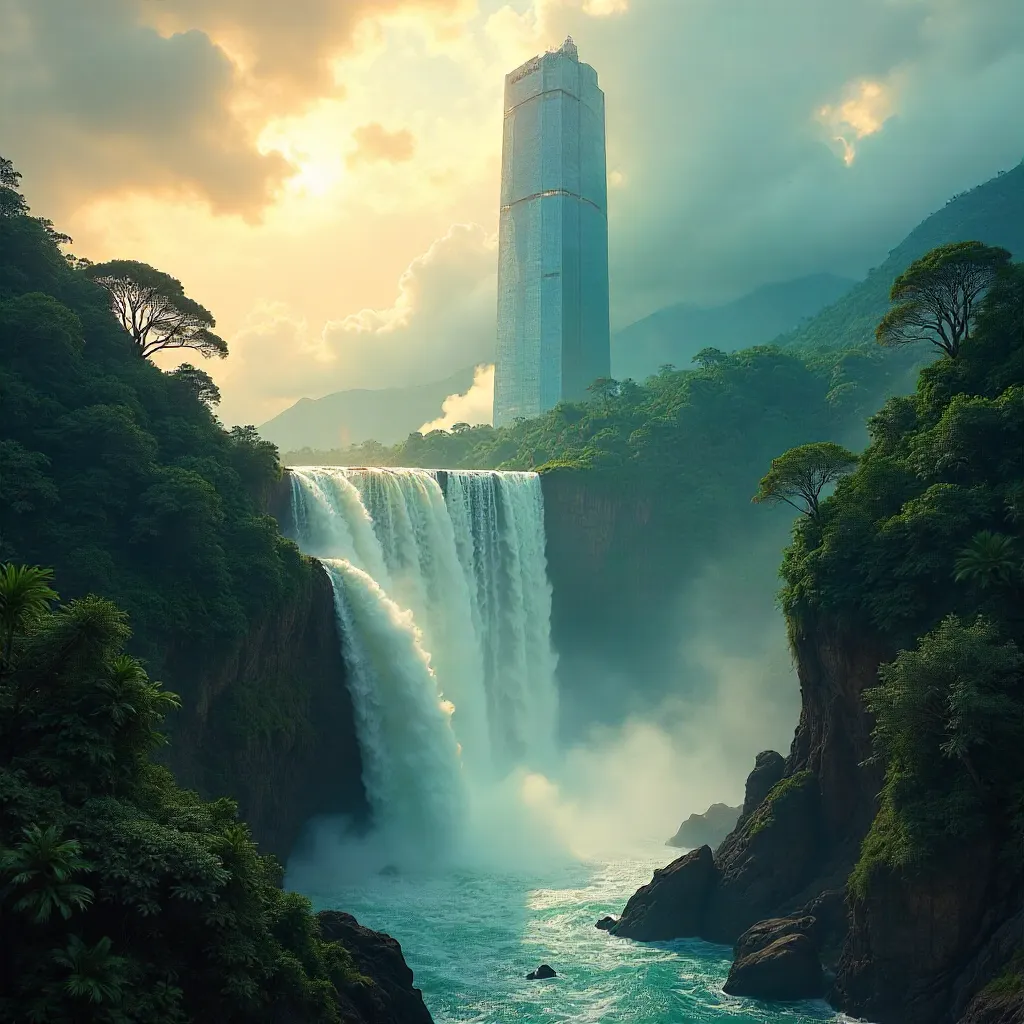 Tower Rising Higher Than the Waterfall