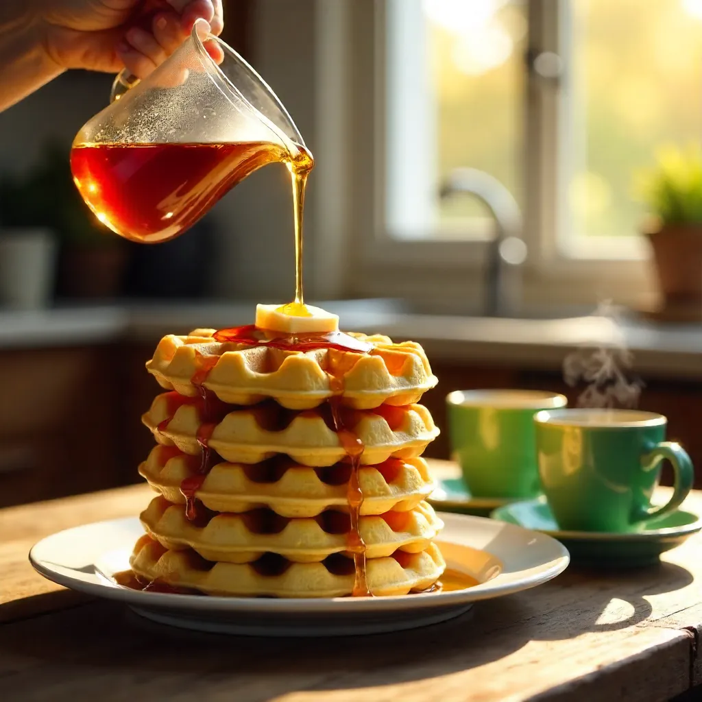 Golden Waffles with Green Cups and Syrup Indoors