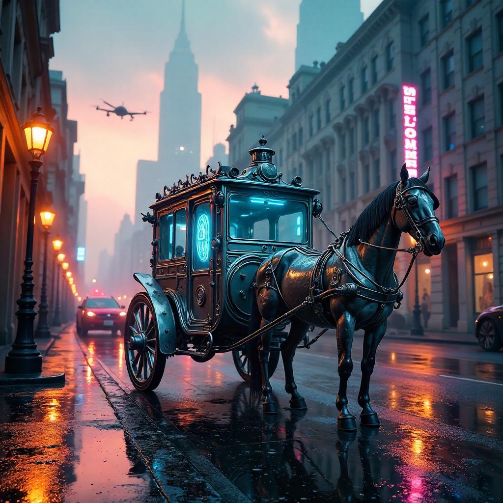 Dawn Neon Carriage in Morning Mist