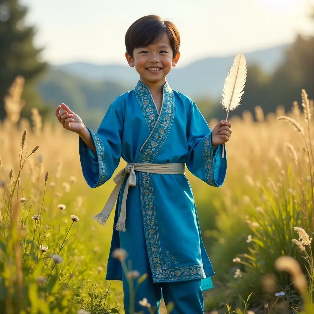 Boy in Blue Traditional Attire with White Feather Outdoors