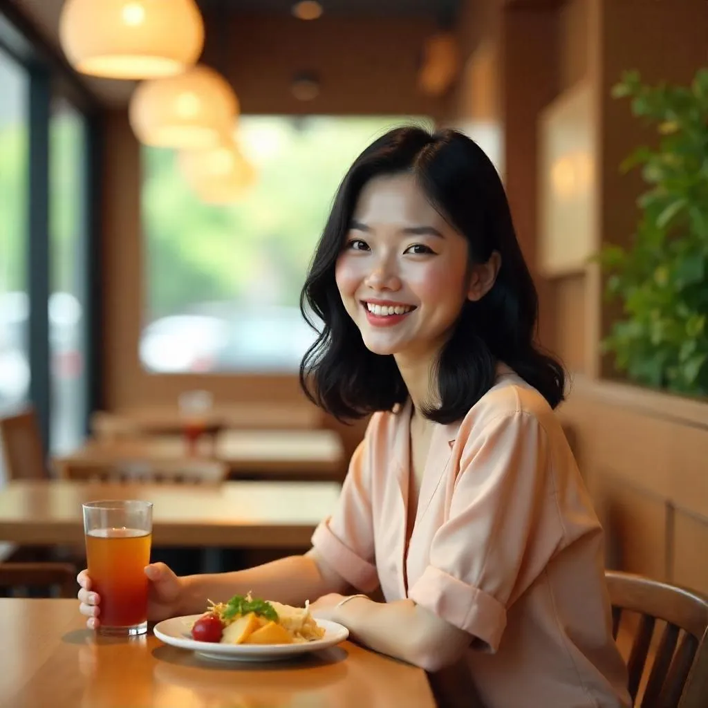 Cheerful Asian Woman in a Modern Restaurant