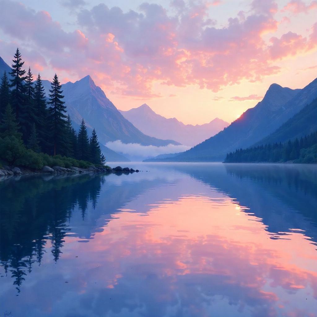 Digital Painting of a Serene Lake at Dusk
