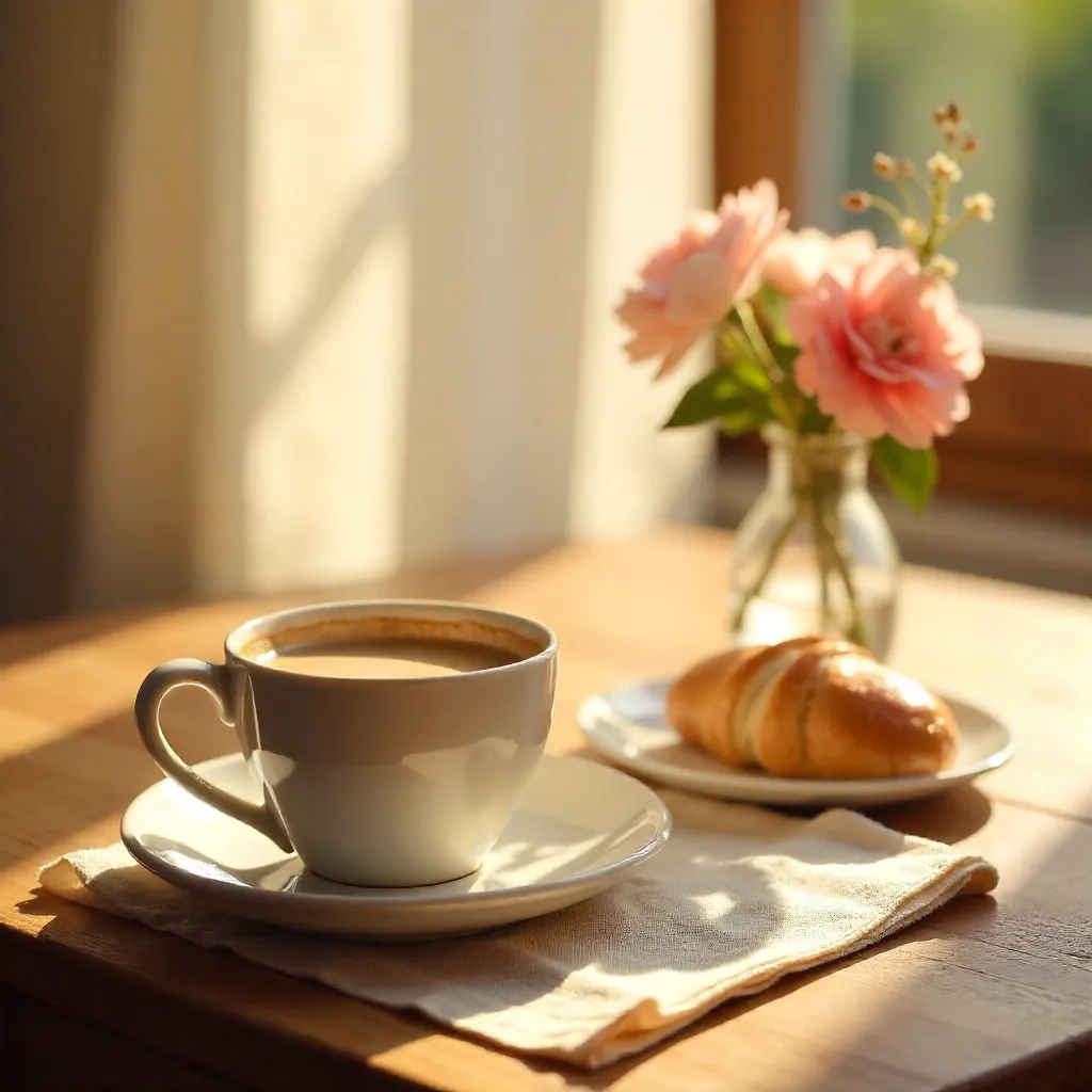 Sunlit Morning Coffee with Flowers