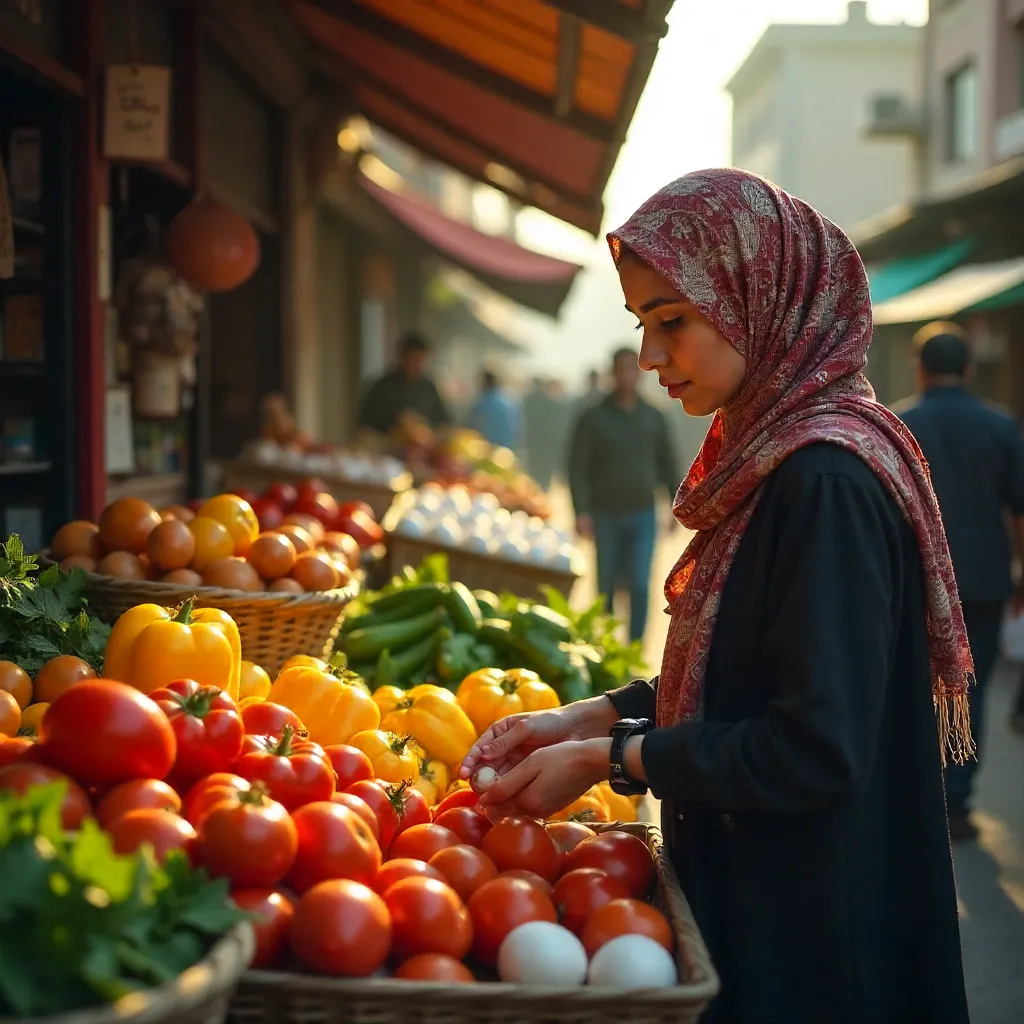 Bustling Market Stall: Hijab-Clad Shopper Among Fresh Produce