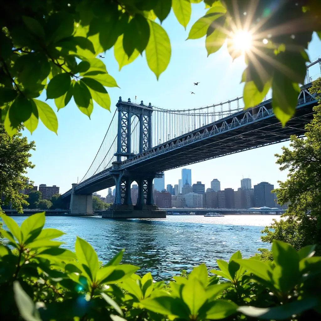 Sunlit Manhattan Bridge Framed by Leaves
