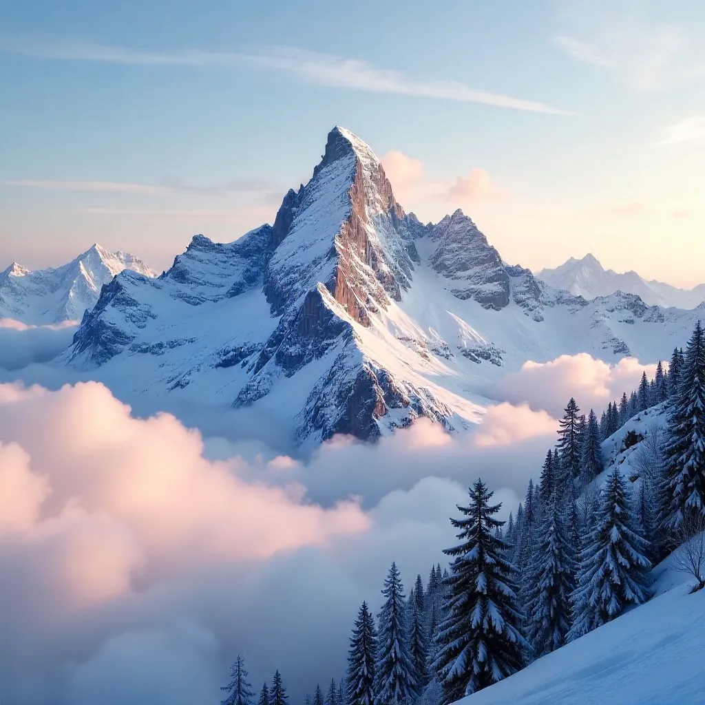 Snow-Capped Peaks Shrouded in Clouds at Dawn