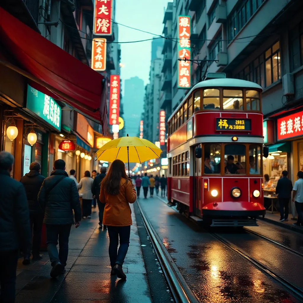 Colorful HK Street with Yellow Umbrella