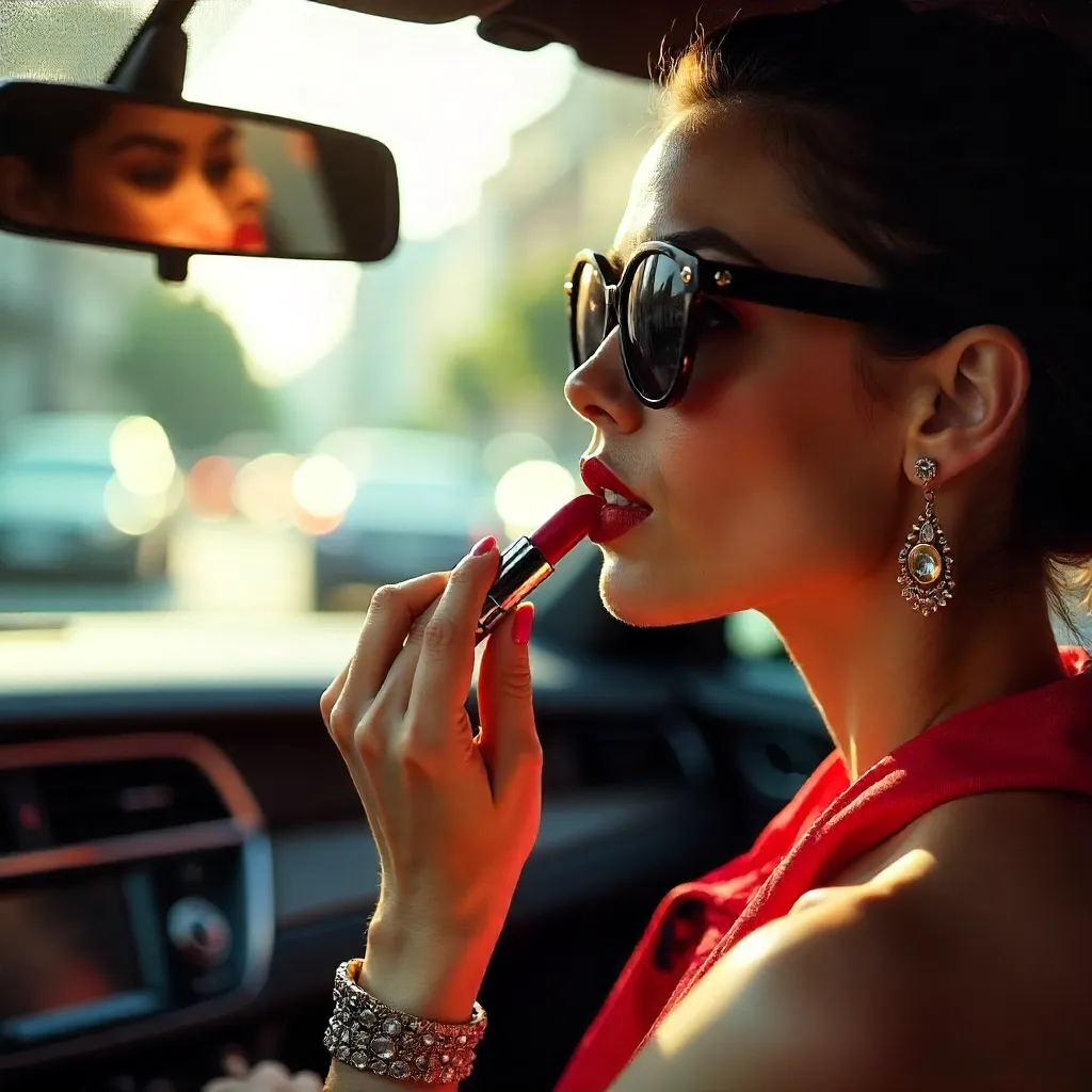 Vibrant Lipstick Moment in Car Rearview Mirror