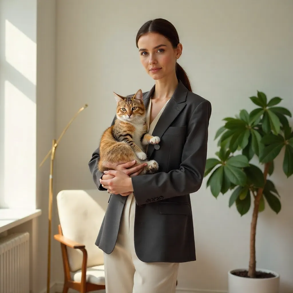 Poised Elegance: Woman with Cat in Minimalist Light
