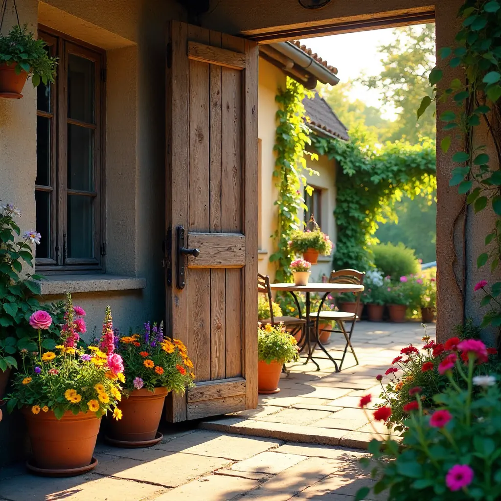 Rustic Door to a Sunlit Flower Garden Patio